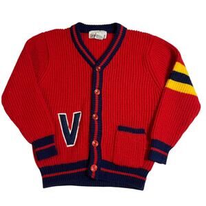 Vintage Christopher Rand boys Red Varsity Cardigan Sweater Size M 8 Red Blue 80s